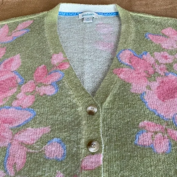 Sundance Pastel Green and Pink Floral Cardigan, Light Layer or Dress Topper - Picture 4 of 12